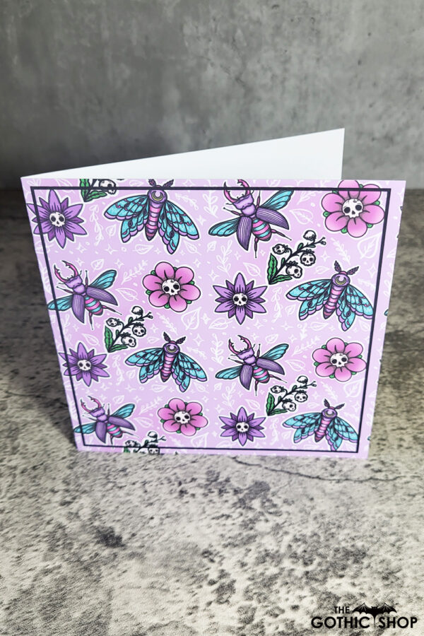 Moths Beetles & Skull Flowers Lilac Pastel Goth Greetings Card