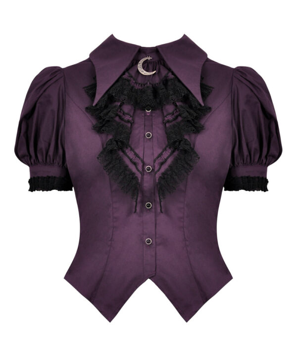 Dark in Love Purple Shortsleeve Gothic Blouse with Frilly Jabot