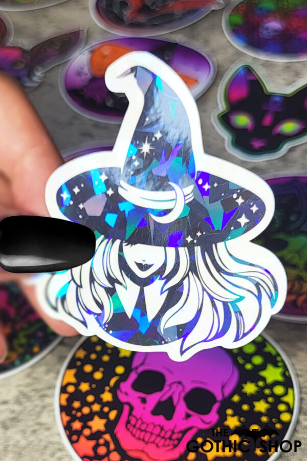 Smiling Young Witch with Moon Hat Black/White Gothic Glossy Sticker