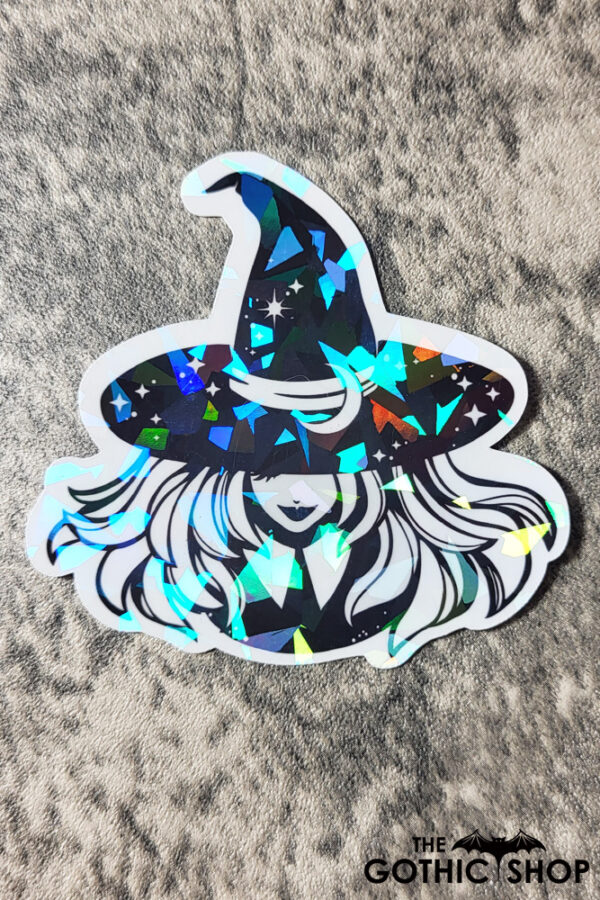Smiling Young Witch with Moon Hat Black/White Gothic Glossy Sticker