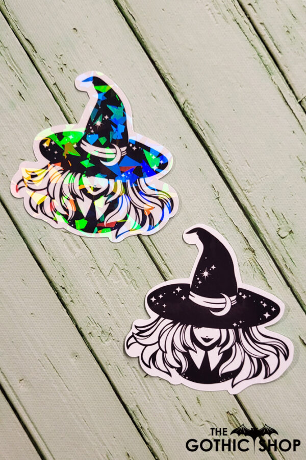Smiling Young Witch with Moon Hat Black/White Gothic Glossy Sticker