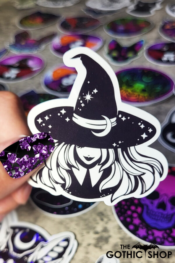 Smiling Young Witch with Moon Hat Black/White Gothic Glossy Sticker