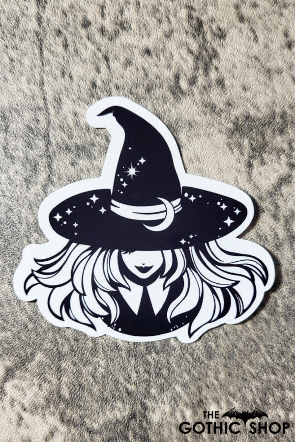 Smiling Young Witch with Moon Hat Black/White Gothic Glossy Sticker