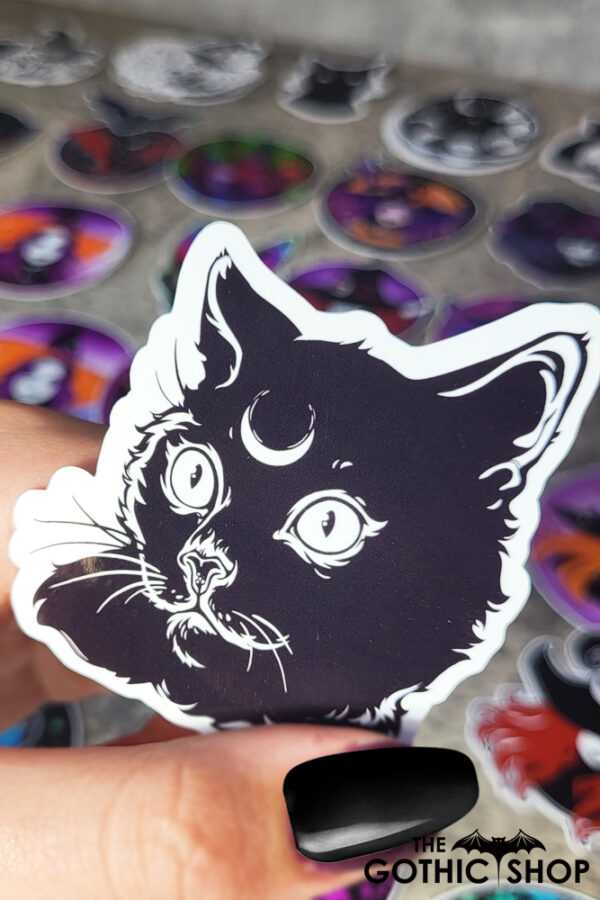 Moon Cat Black/White Gothic Glossy Sticker - Gothic Stickers