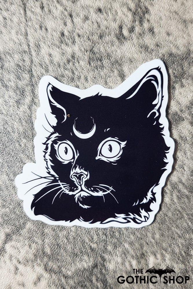 Moon Cat Black/White Gothic Glossy Sticker - Gothic Stickers