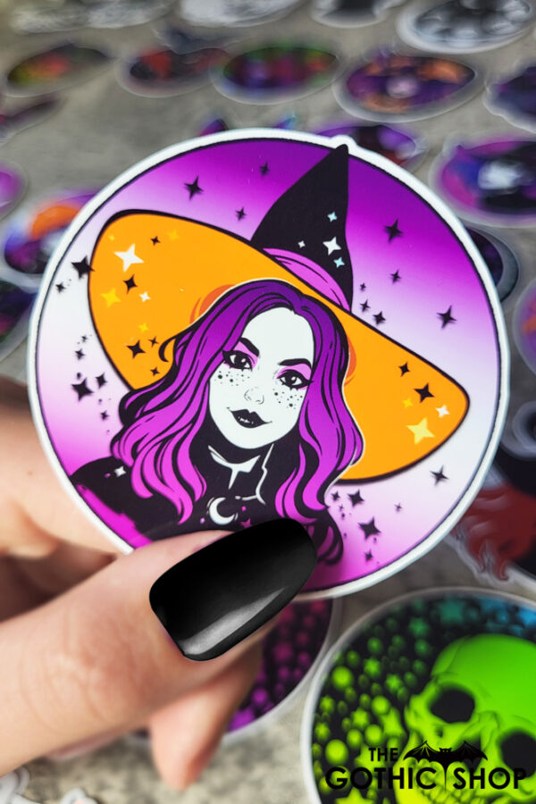 Witch with Ombre Purple Hair & Orange Hat Gothic Glossy Sticker