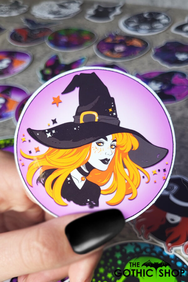 Witch with Orange Hair & Stars Gothic Glossy Sticker