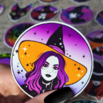 Witch with Orange Hair & Stars Round Gothic Glossy Sticker