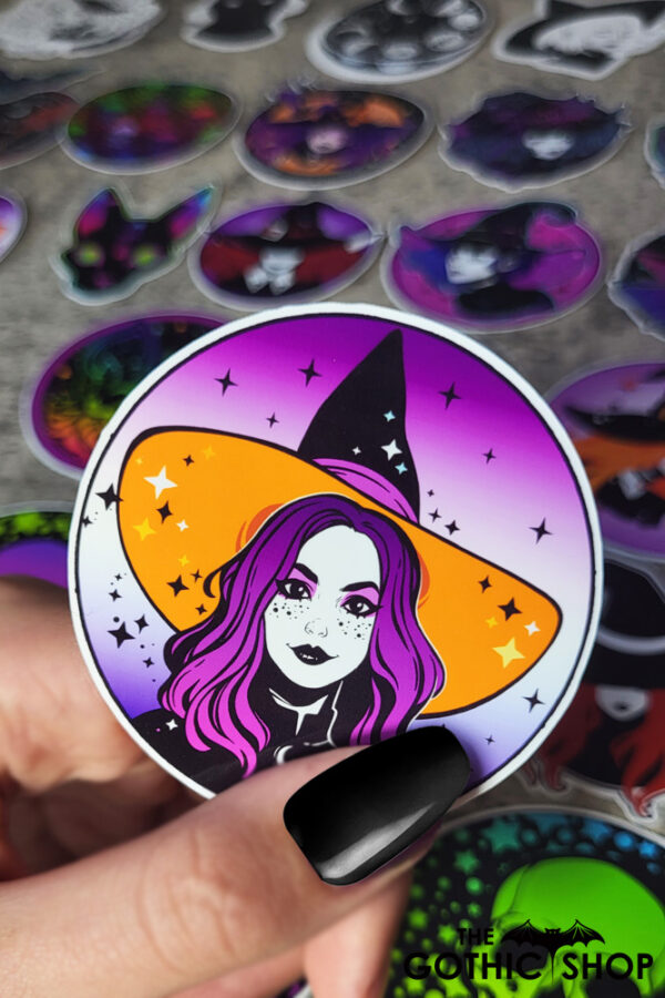 Witch with Orange Hair & Stars Round Gothic Glossy Sticker