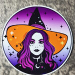 Witch with Orange Hair & Stars Round Gothic Glossy Sticker