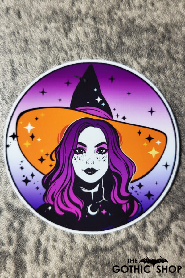 Witch with Orange Hair & Stars Round Gothic Glossy Sticker