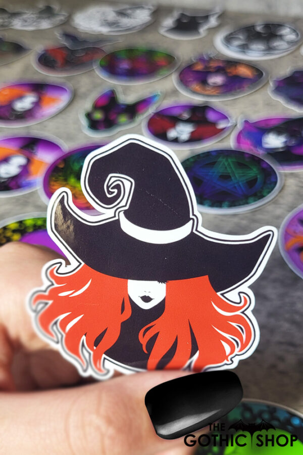 Witch with Red Hair & Black Hat Gothic Glossy Sticker