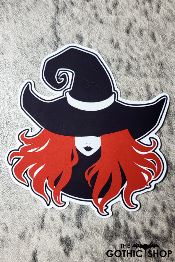 Witch with Red Hair & Black Hat Gothic Glossy Sticker