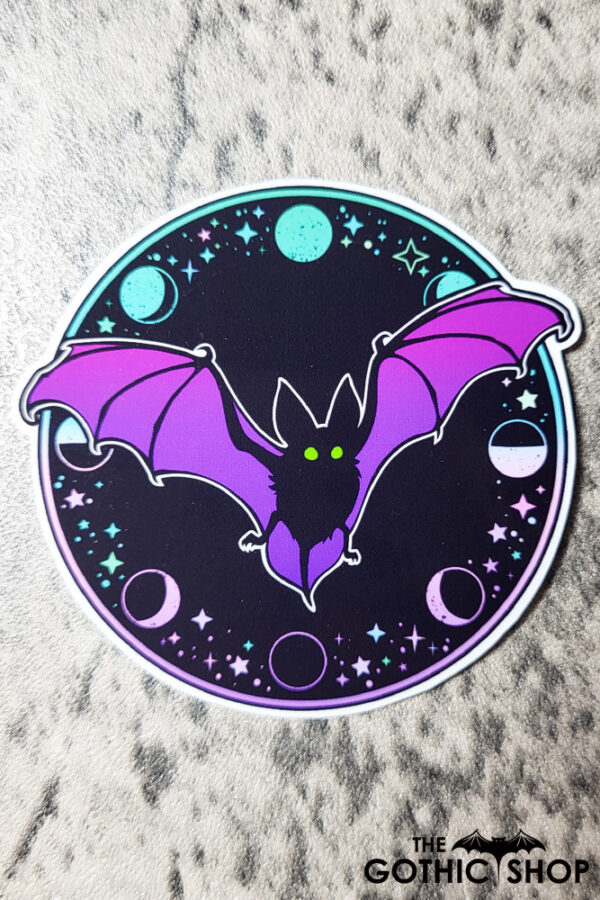 Purple Flying Bat Moon Phases Gothic Glossy Sticker