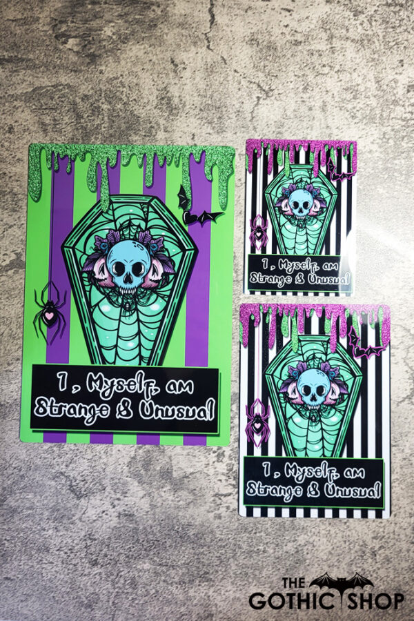 Strange Unusual Skull Coffin Purple Green Stripe Medium Metal Signs