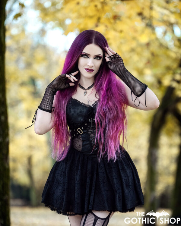 Goth model Daedra wears the Spider Mesh dress.
