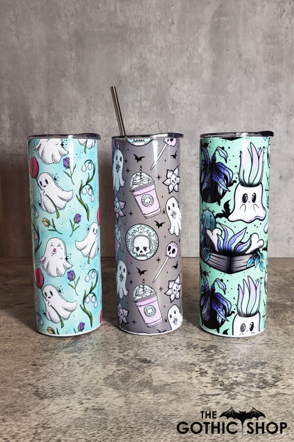 Gothic halloween tumblers including ghosts and spooky planters