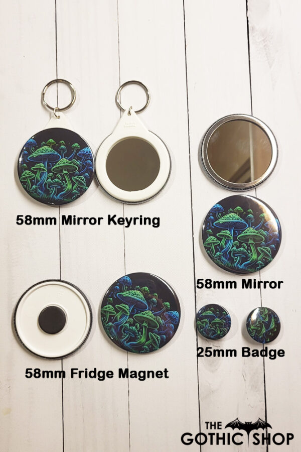 Trippy Mushrooms Gothic Fridge Magnet, badges, mirror and keyring