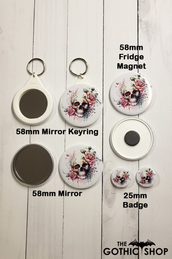 Roses Skull Gothic Fridge Magnet, badges, keyring and mirror
