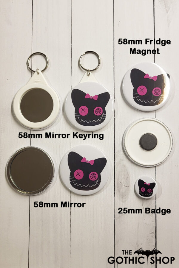 Zombie Cat Pink Gothic Fridge Magnet, keyring, badges and mirror
