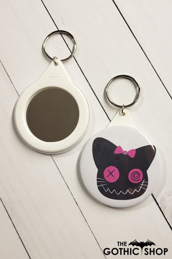Zombie Cat Pink Gothic Compact Mirror Keyring