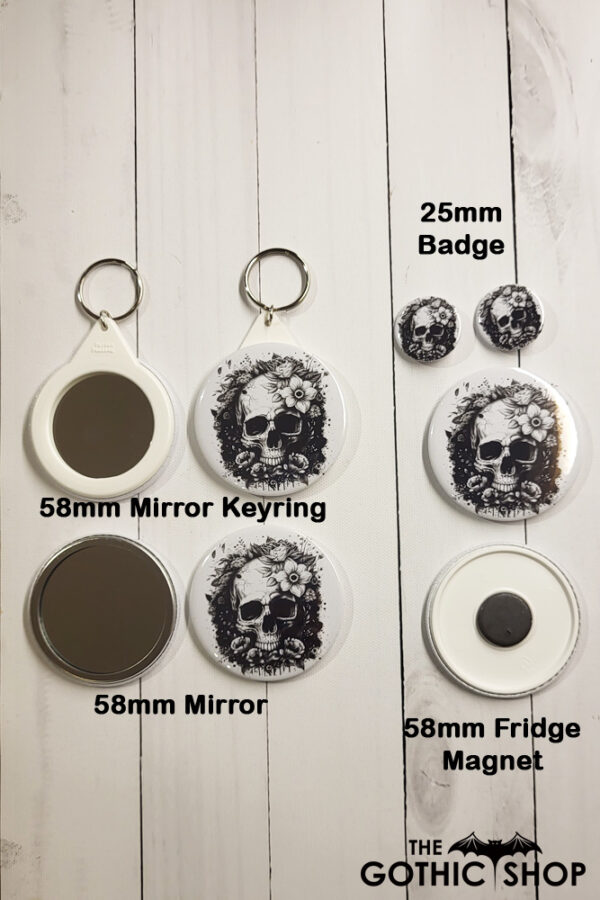 Flower Skull Black & White Gothic Compact Mirror Keyring, mirror, badge and magnet