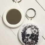Flower Skull Black & White Gothic Compact Mirror Keyring