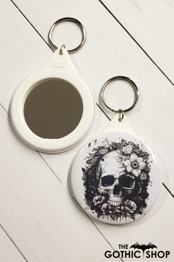 Flower Skull Black & White Gothic Compact Mirror Keyring