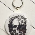 Flower Skull Black & White Gothic Compact Mirror Keyring
