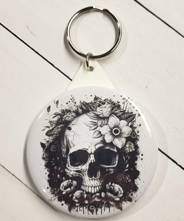 Flower Skull Black & White Gothic Compact Mirror Keyring