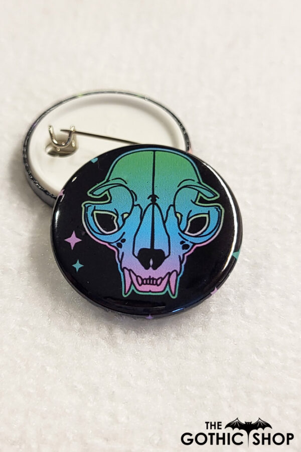 Green Blue Pink Cat Skull Gothic Pin Badge