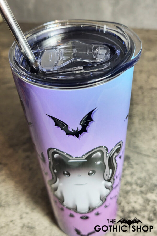 Cat Ghost Crystal Moon Purple Blue Gothic Halloween Skinny Tumbler