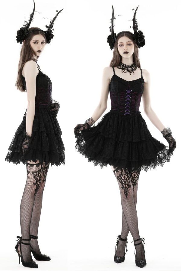 Dark in Love Oriana Purple Velvet Black Lace Gothic Lolita Mini Dress