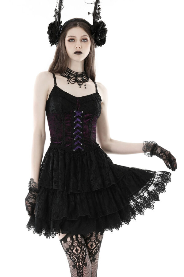Dark in Love Oriana Purple Velvet Black Lace Gothic Lolita Mini Dress