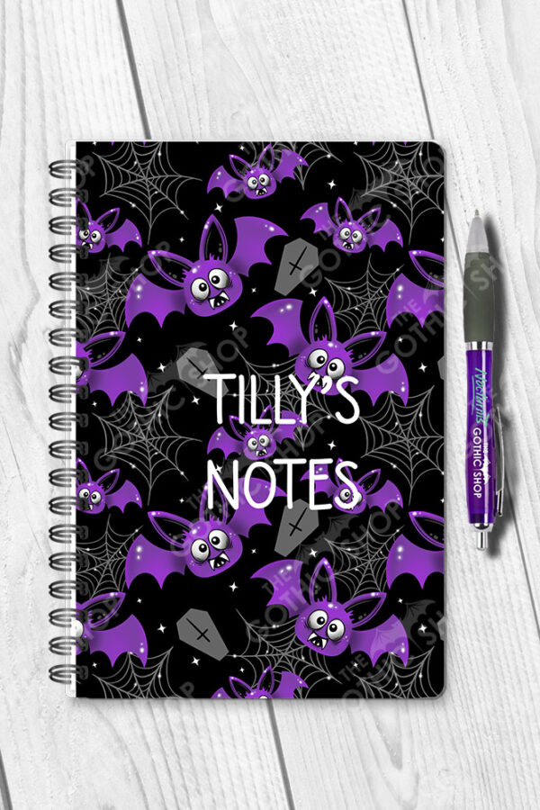 purple bats & cobwebs personalised gothic a5 notebook journal with option to personalise