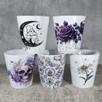 Gothic print plant pots including witchy, skulls, mushrooms and roses