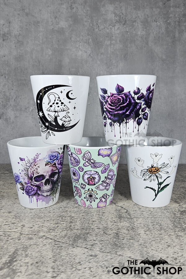 Gothic print plant pots including witchy, skulls, mushrooms and roses
