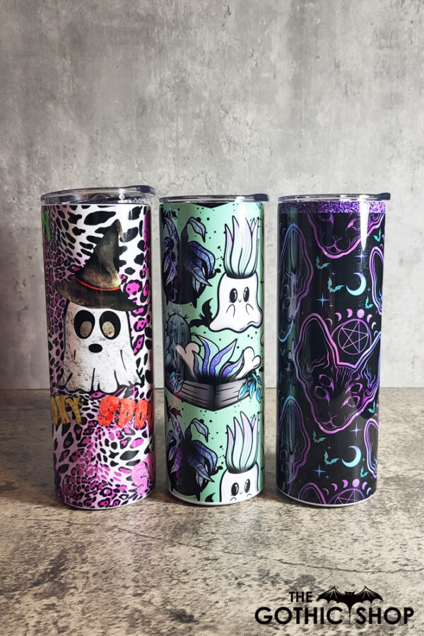 Gothic halloween tumblers including ghosts and bats
