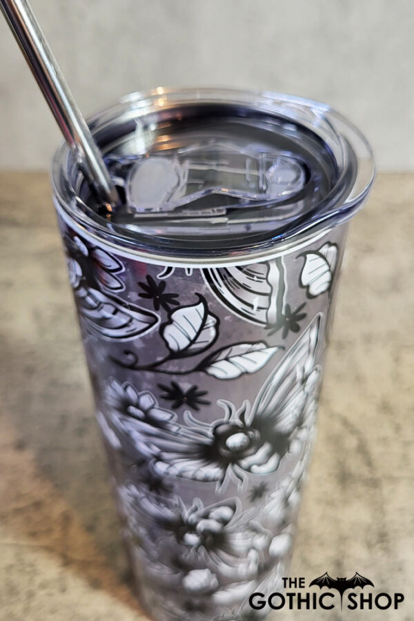 Floral Death Moths Grey Gothic Halloween Skinny Tumbler