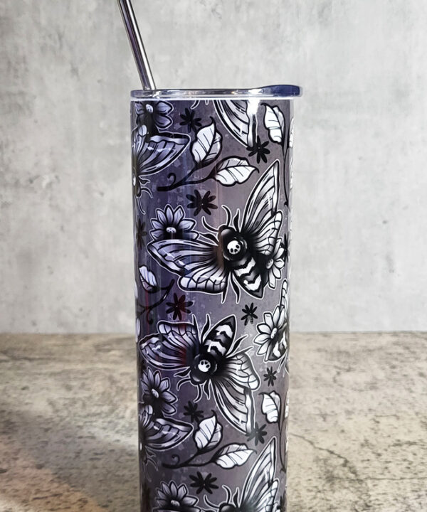 Floral Death Moths Grey Gothic Halloween Skinny Tumbler