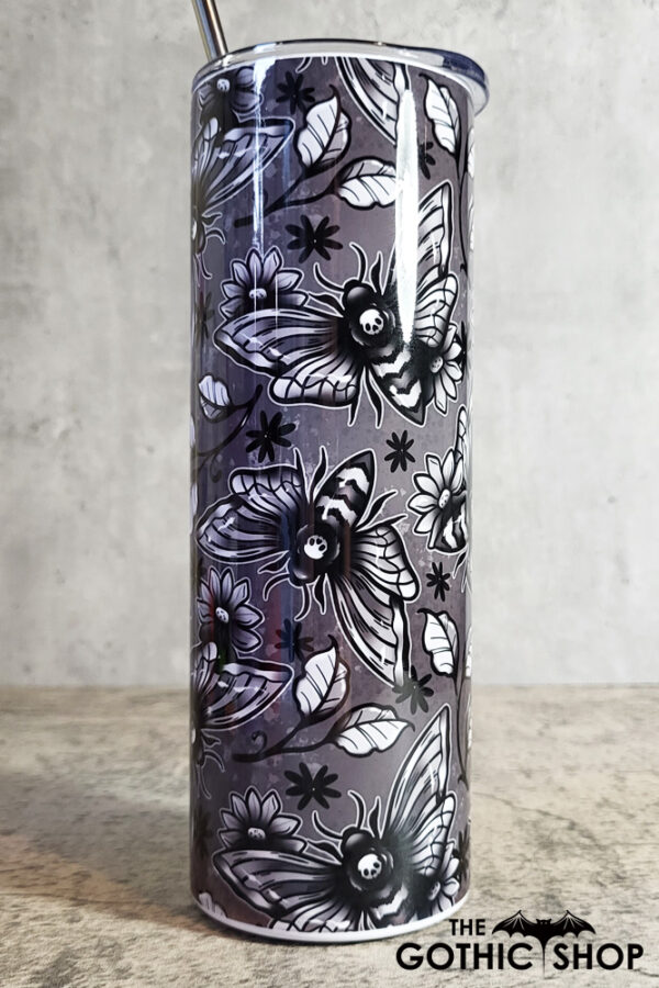 Floral Death Moths Grey Gothic Halloween Skinny Tumbler