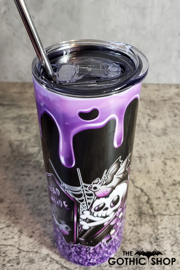 Dead Inside Skeleton Coffin Purple Glitter Gothic Halloween Skinny Tumbler