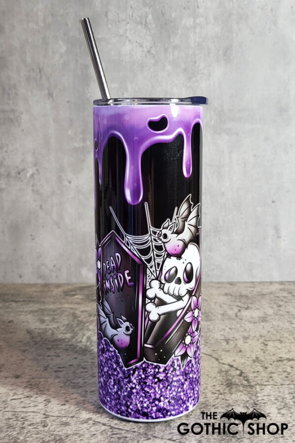 Dead Inside Skeleton Coffin Purple Glitter Gothic Halloween Skinny Tumbler