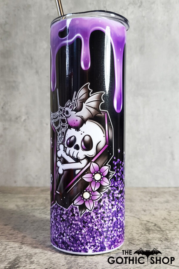 Dead Inside Skeleton Coffin Purple Glitter Gothic Halloween Skinny Tumbler