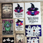 Gothic Witchy Metal Signs featuring witches, skulls, pumpkins and ghosts