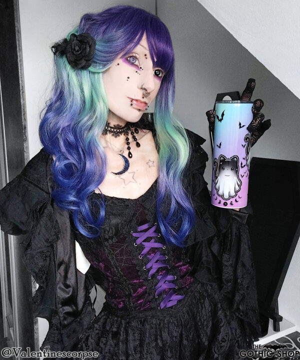 Goth model Valentinescorpse wears the Dark in Love Oriana Purple Velvet Black Lace Gothic Lolita Mini Dress. She holds the Cat Ghost tumbler.