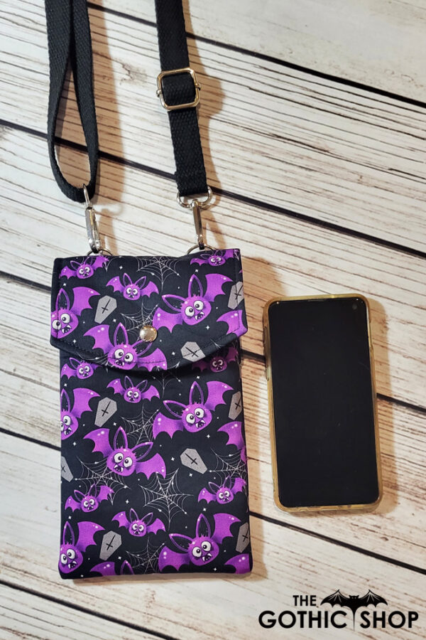 Grettel Purple Moths & Cobwebs Little Gothic Halloween Bag for Mobile Phone