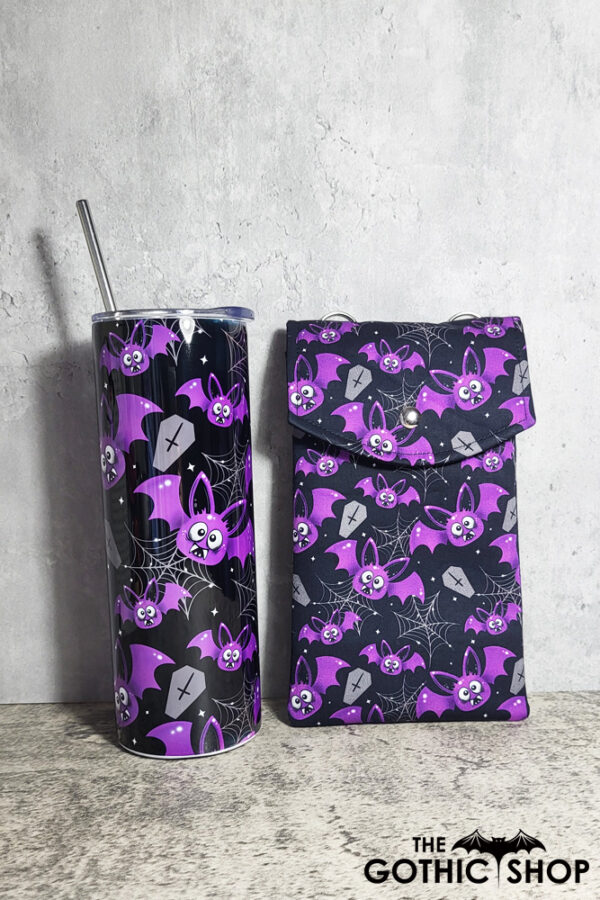 Grettel Purple Moths & Cobwebs Little Gothic Halloween Bag for Mobile Phone and tumbler