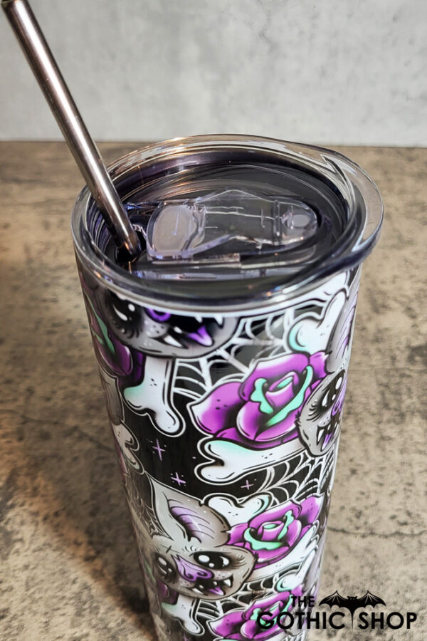 Bat Purple Rose Cobweb Tattoo Black Gothic Halloween Skinny Tumbler