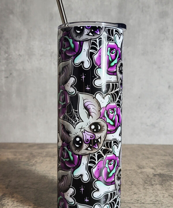 Bat Purple Rose Cobweb Tattoo Black Gothic Halloween Skinny Tumbler